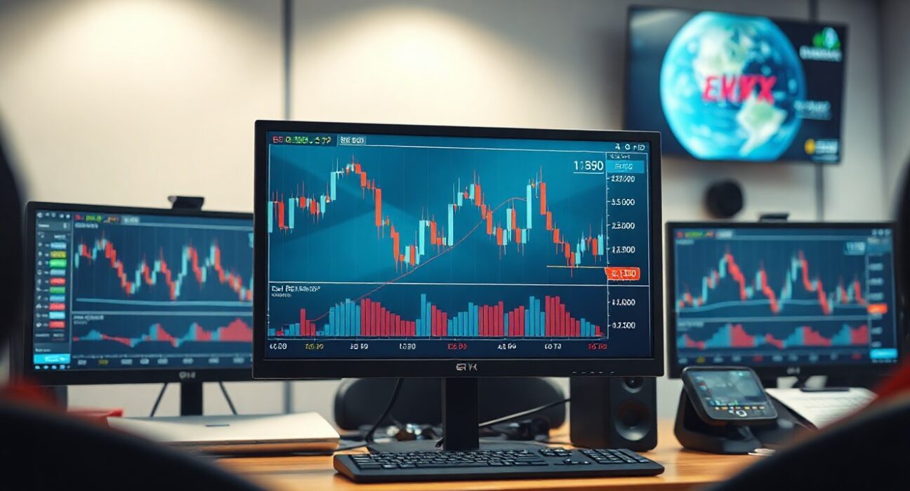 Forex trading desk with EUR/USD chart showing price rebound above 1.1350 resistance level
