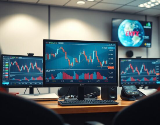 Forex trading desk with EUR/USD chart showing price rebound above 1.1350 resistance level