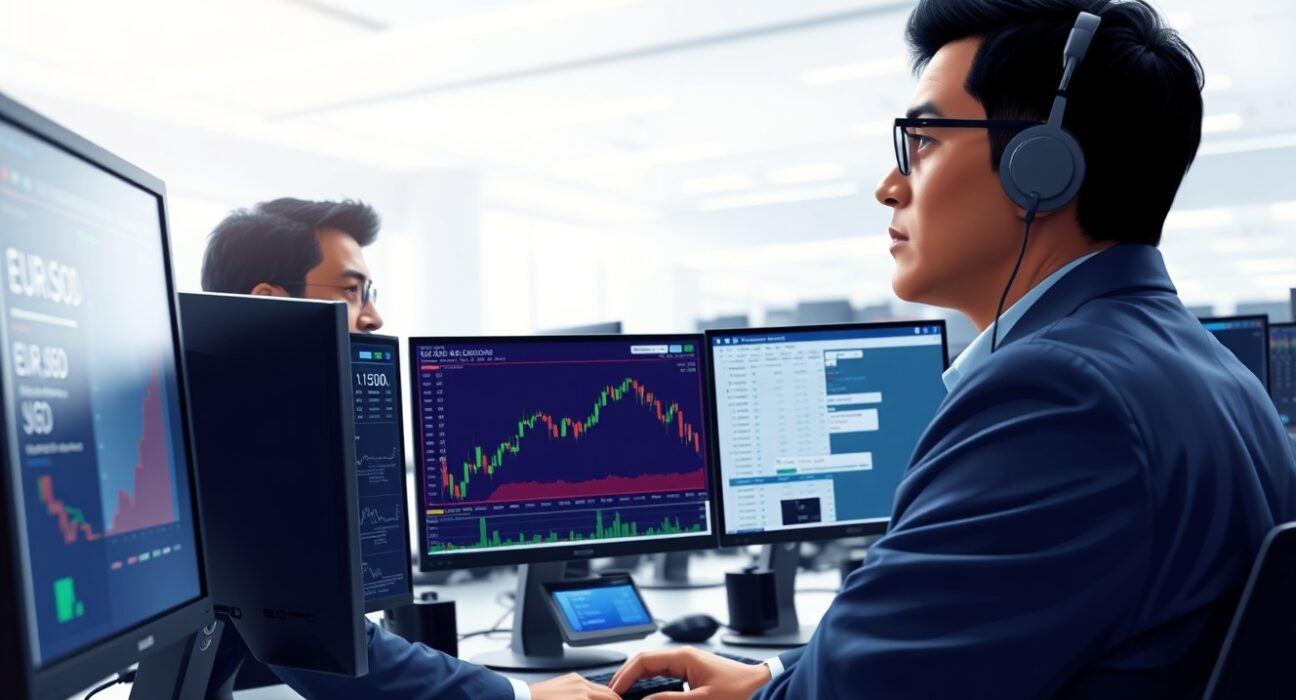 Traders analyzing EUR/USD rebound on charts ahead of Federal Reserve and ECB policy decisions.