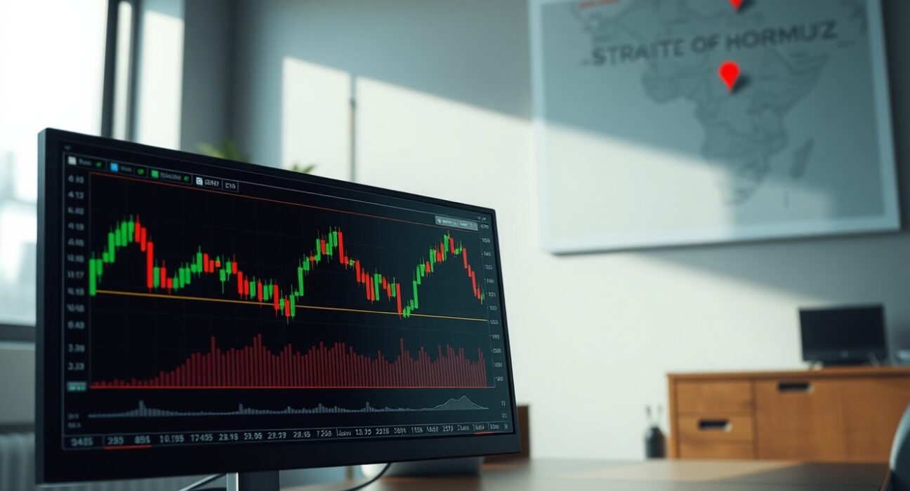EUR/USD rebound chart on forex trading monitors with Strait of Hormuz map in background