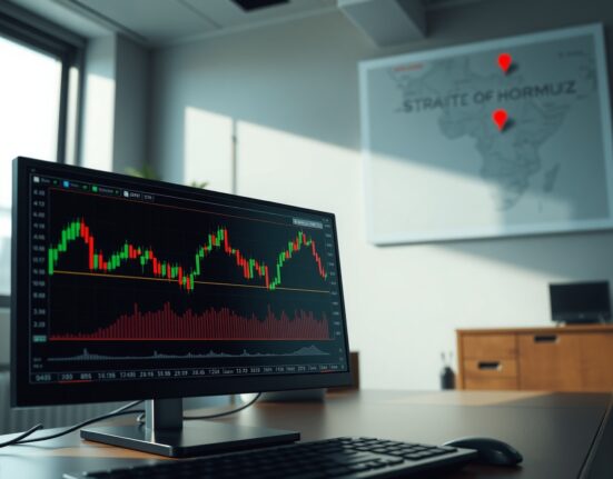 EUR/USD rebound chart on forex trading monitors with Strait of Hormuz map in background