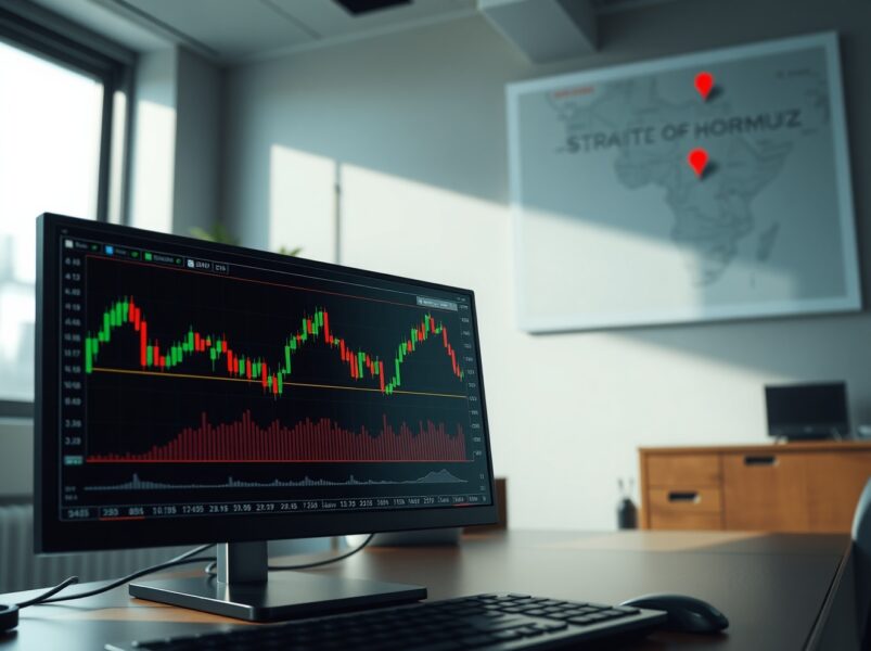 EUR/USD rebound chart on forex trading monitors with Strait of Hormuz map in background