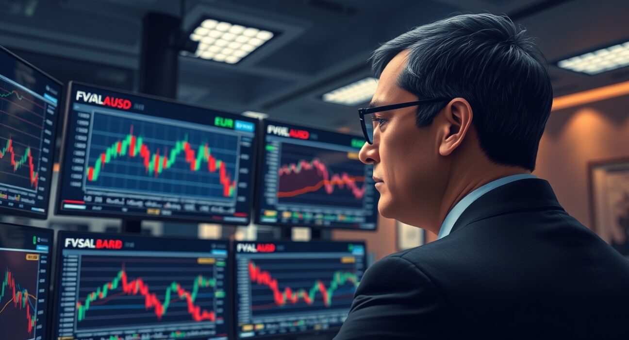 Financial analyst examining EUR/USD currency charts and central bank policy data in trading environment