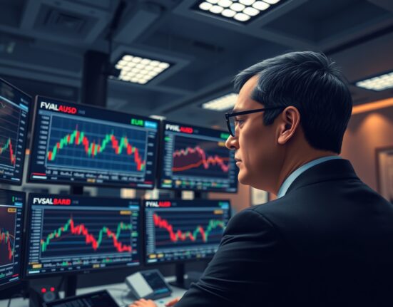 Financial analyst examining EUR/USD currency charts and central bank policy data in trading environment