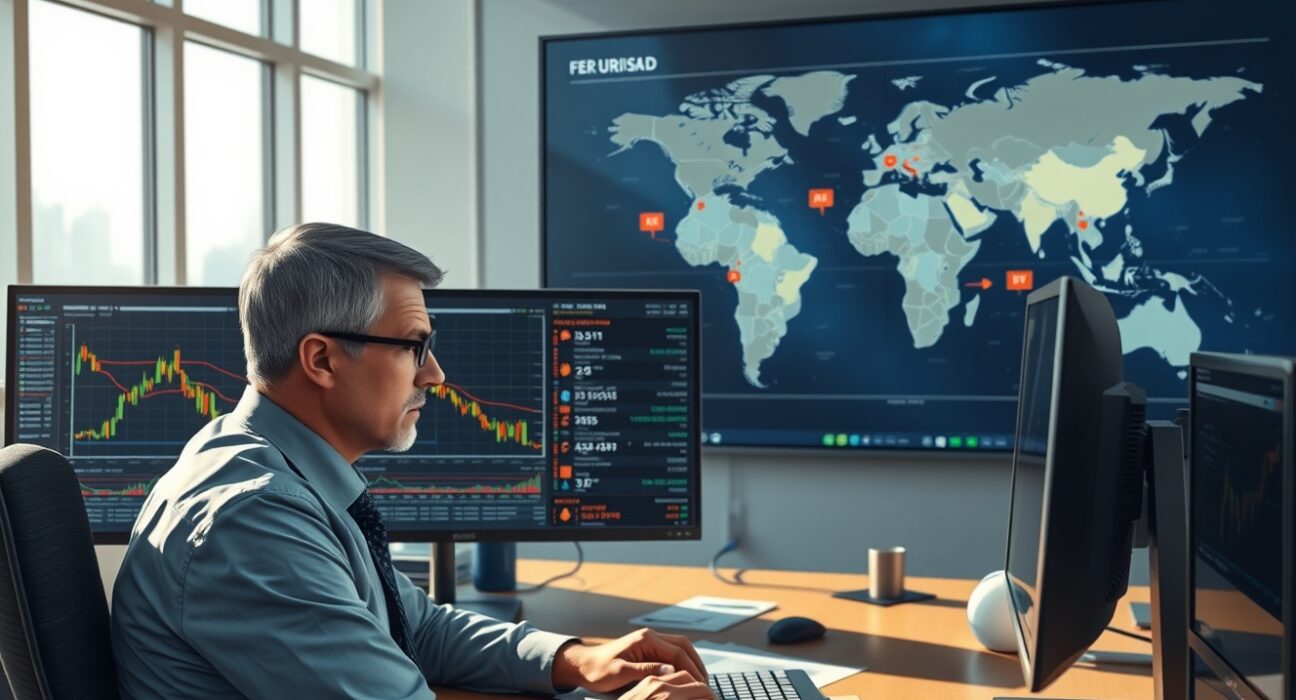 Financial analyst monitoring EUR/USD currency charts amid Iran conflict market volatility