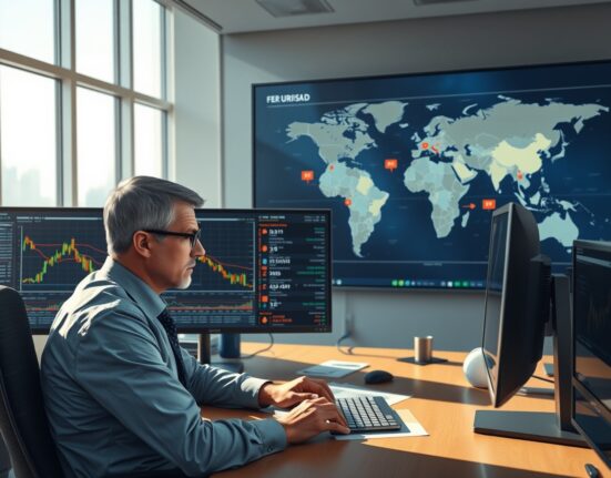 Financial analyst monitoring EUR/USD currency charts amid Iran conflict market volatility