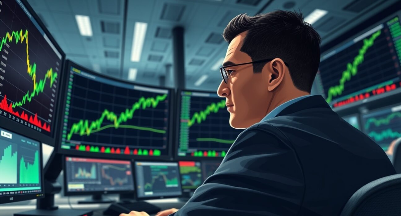 Trader monitoring EUR/USD forex charts following Iran truce announcement impacting currency markets.
