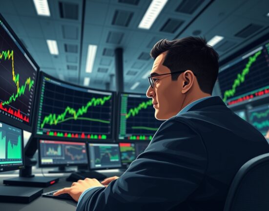 Trader monitoring EUR/USD forex charts following Iran truce announcement impacting currency markets.