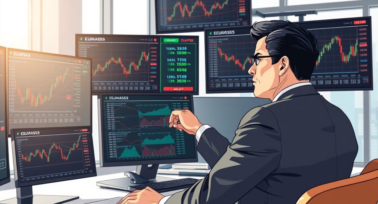 Financial analyst examining EUR/USD currency charts and ECB data in professional trading environment