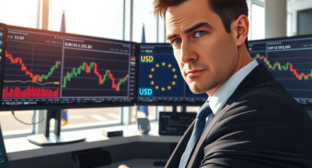 Financial analyst examining EUR/USD currency charts and ECB data in professional trading environment