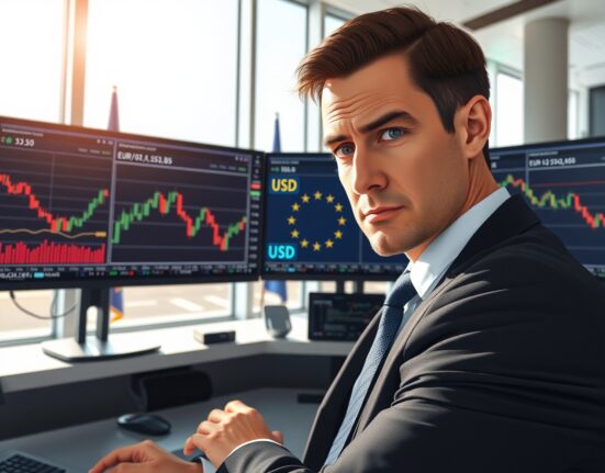 Financial analyst examining EUR/USD currency charts and ECB data in professional trading environment