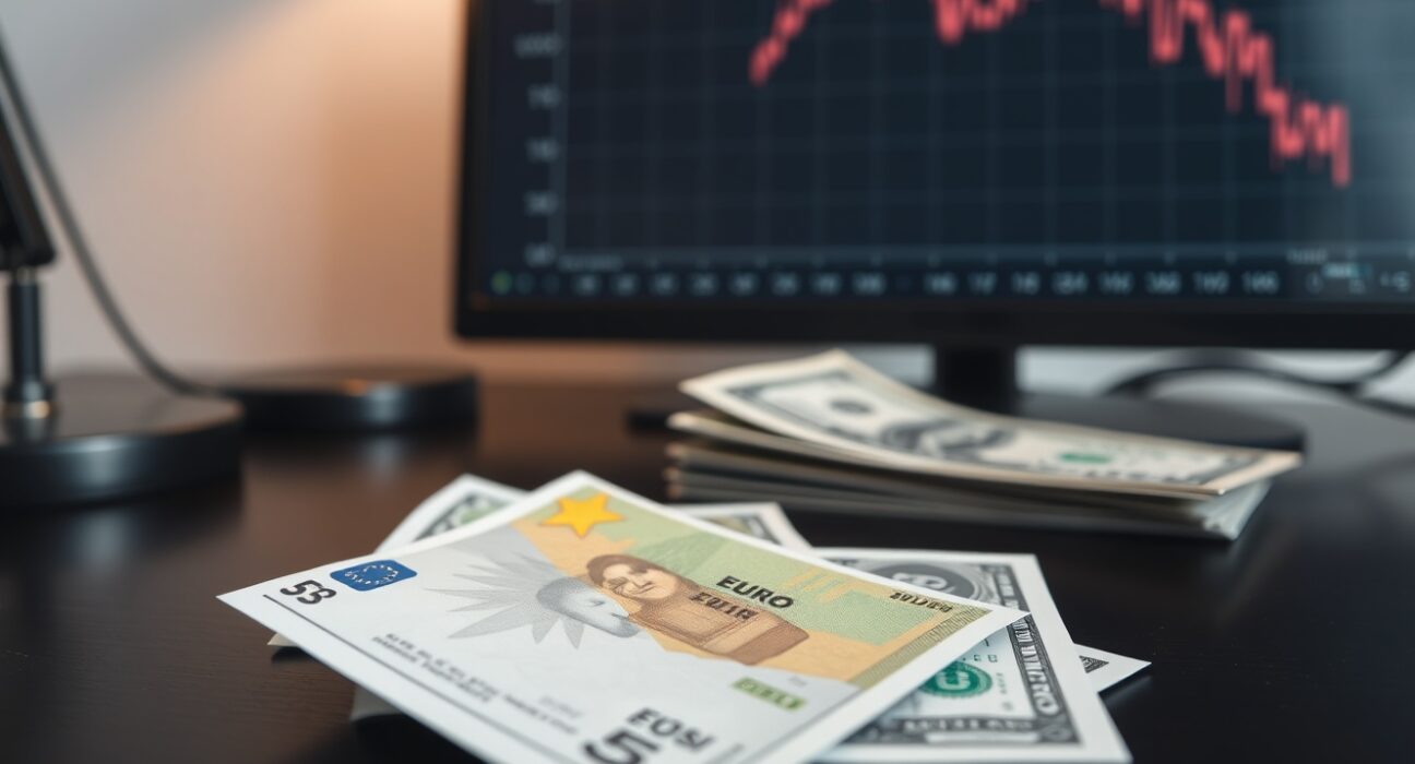 Euro and US dollar banknotes on desk with chart background showing resistance level