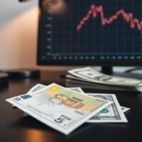 Euro and US dollar banknotes on desk with chart background showing resistance level
