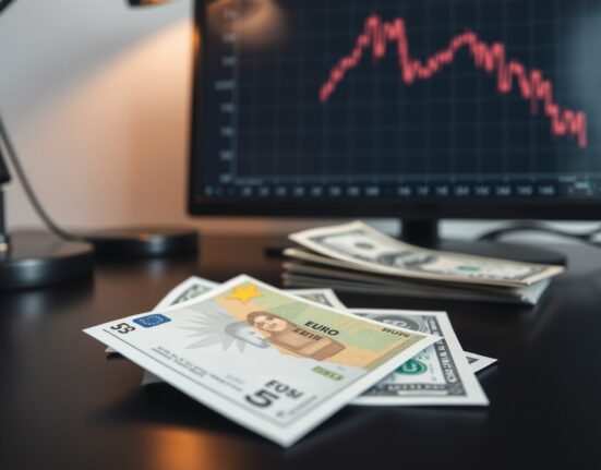 Euro and US dollar banknotes on desk with chart background showing resistance level