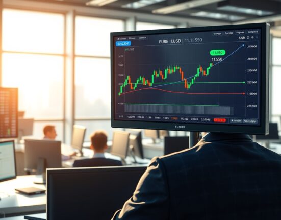 EUR/USD currency chart analysis showing struggle at 1.1550 resistance level on trading desk monitor.