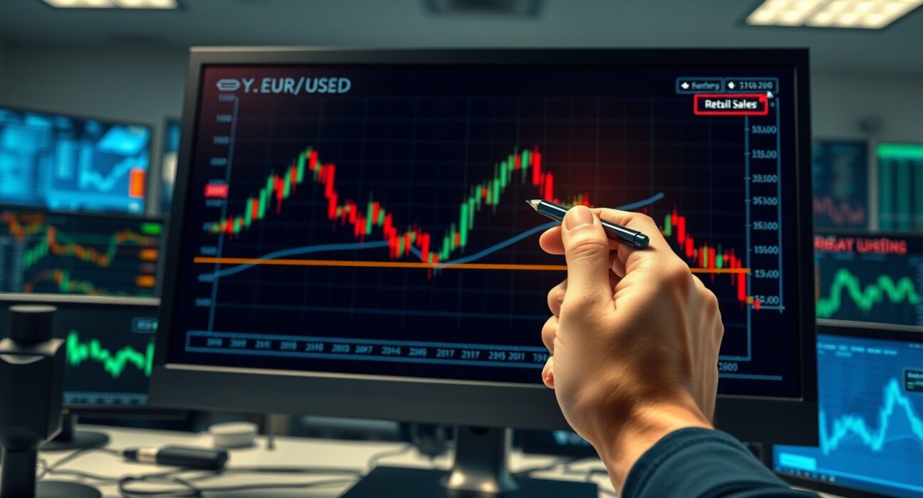 Forex trading analysis of the EUR/USD pair reacting to US Retail Sales data and Federal Reserve policy debate.