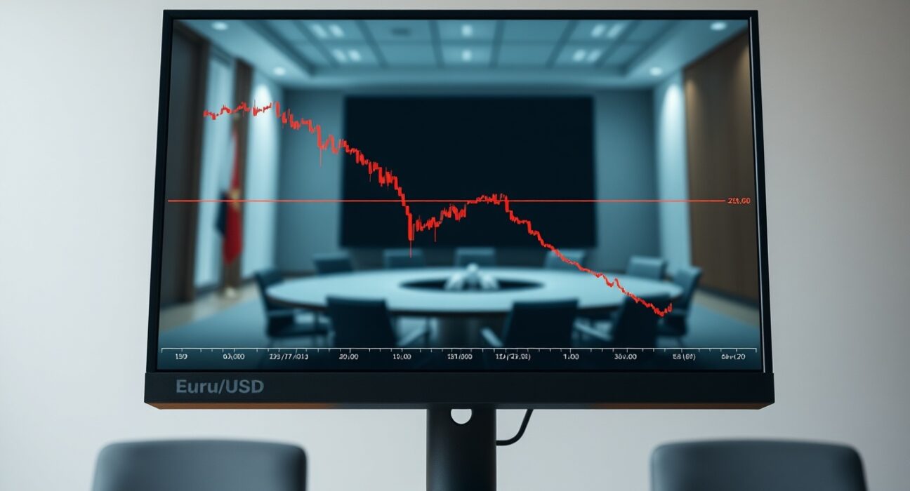 EUR/USD chart declining as Iran peace process faces uncertainty, impacting forex markets.