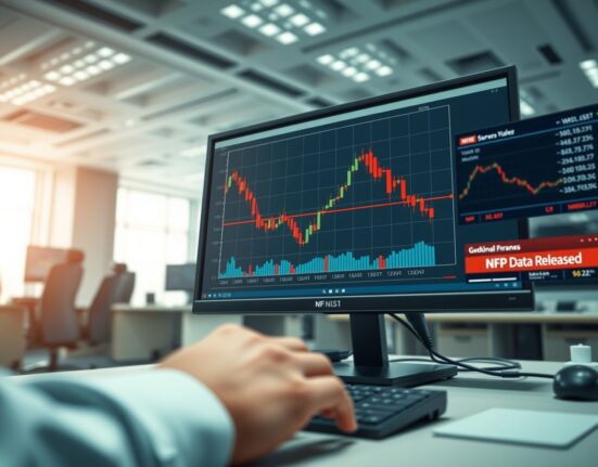 Forex trading chart showing EUR/USD decline following Non-Farm Payrolls data and safe-haven flows.