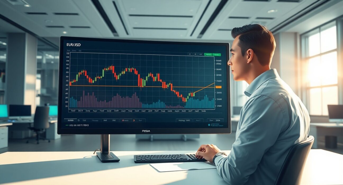 Professional trader analyzing EUR/USD price reversal on trading desk monitor during US Dollar rebound