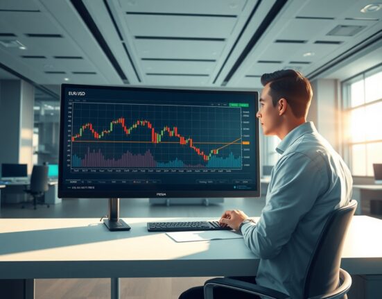 Professional trader analyzing EUR/USD price reversal on trading desk monitor during US Dollar rebound