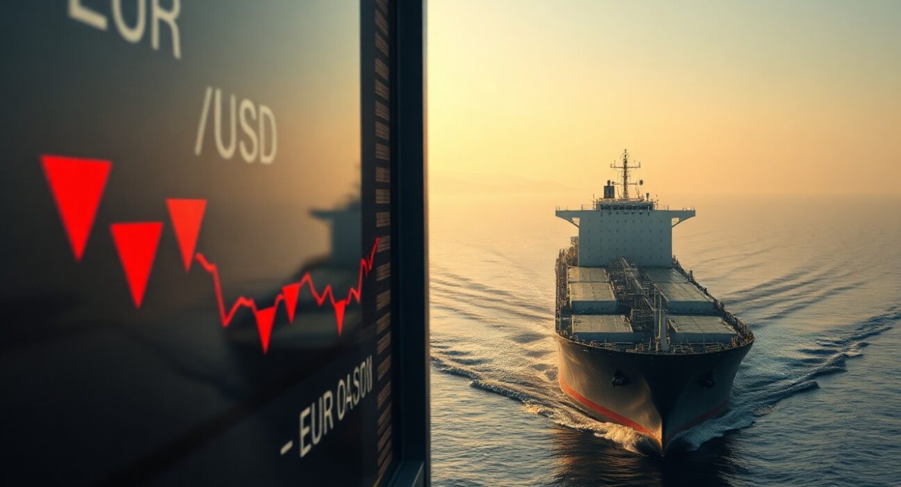 EUR/USD exchange rate board with oil tanker in Strait of Hormuz under hazy sunlight
