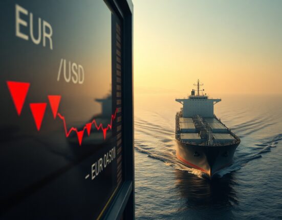 EUR/USD exchange rate board with oil tanker in Strait of Hormuz under hazy sunlight