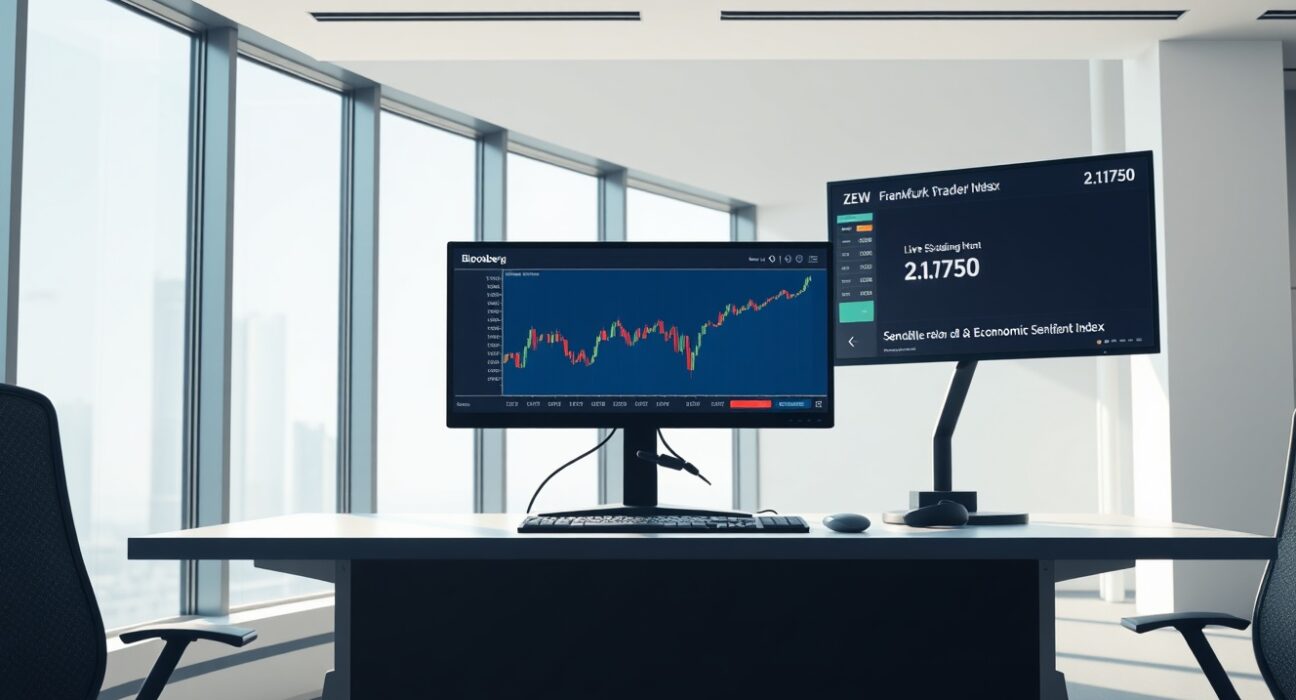 EUR/USD trading analysis on a financial terminal showing price at 1.1750 amid ZEW and geopolitical news.