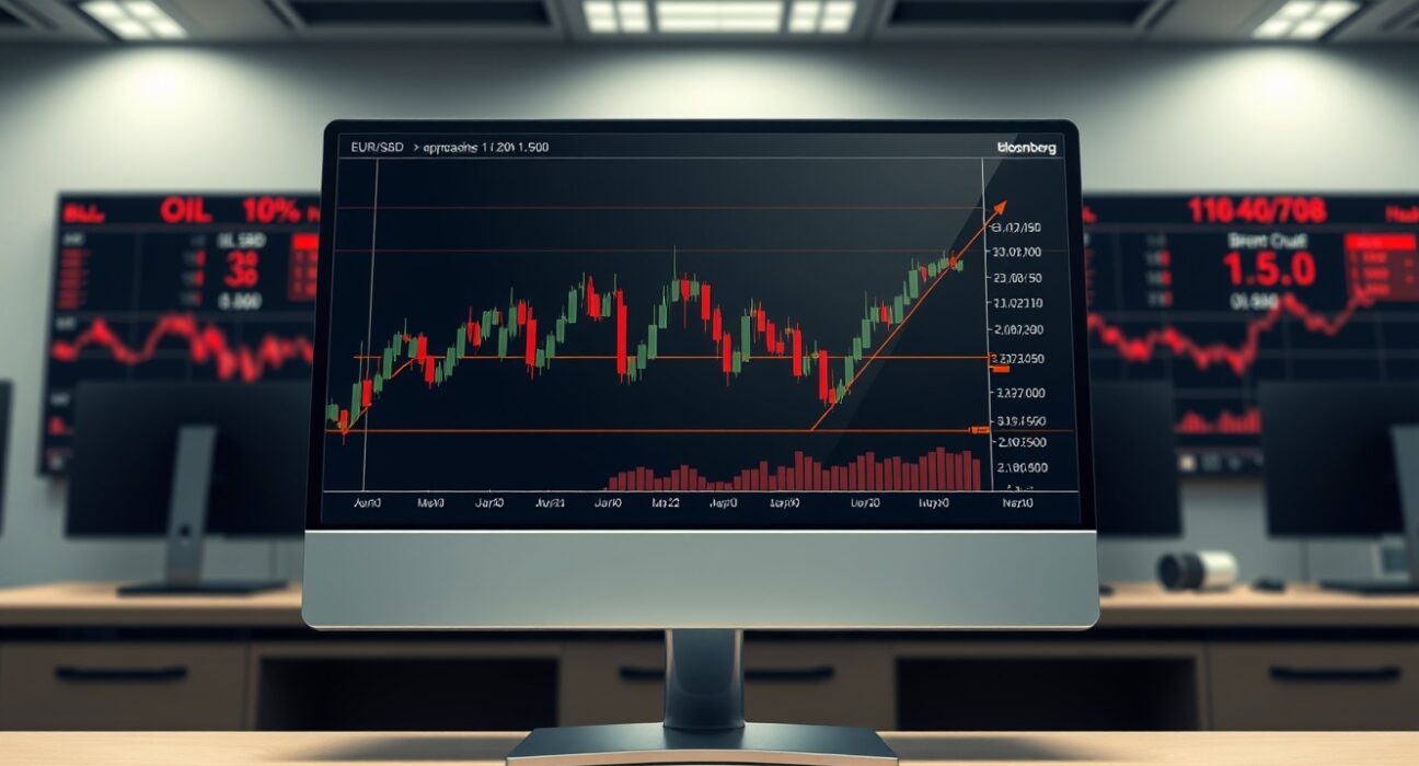 EUR/USD reversal analysis on trading terminal with oil price and risk-off market data in background.