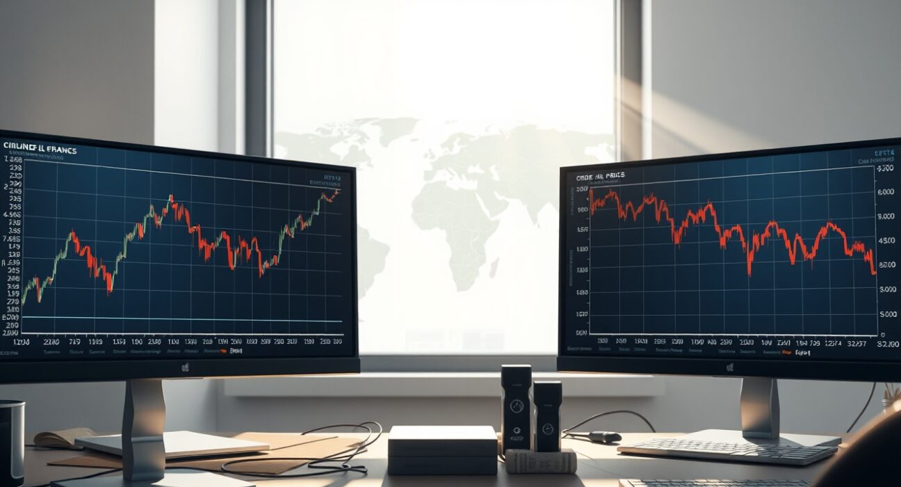 Financial charts showing EUR/USD rising and Oil prices falling after Trump's Iran policy decision.
