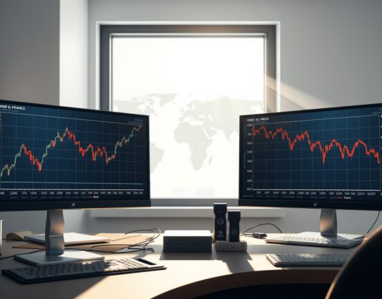 Financial charts showing EUR/USD rising and Oil prices falling after Trump's Iran policy decision.