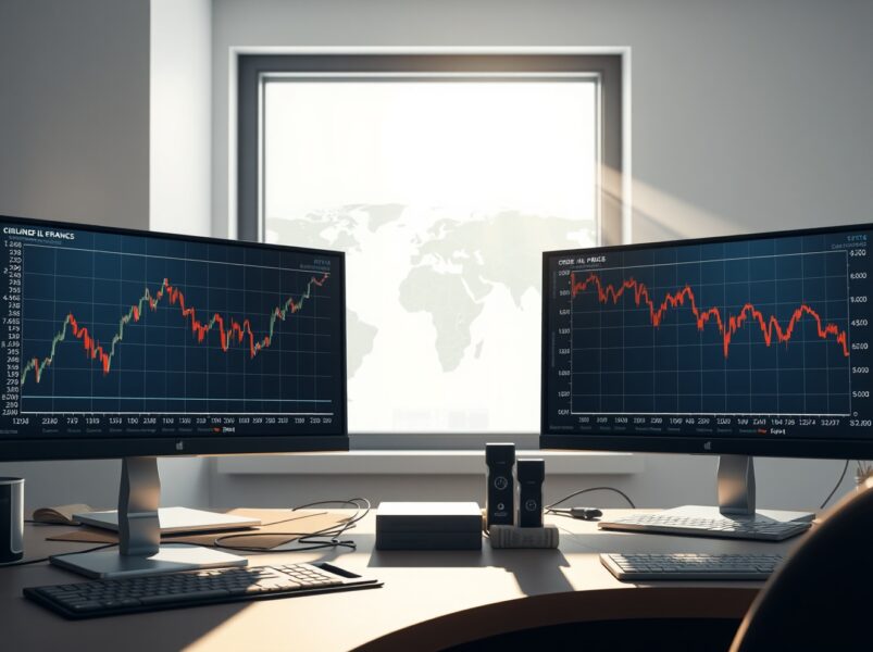 Financial charts showing EUR/USD rising and Oil prices falling after Trump's Iran policy decision.