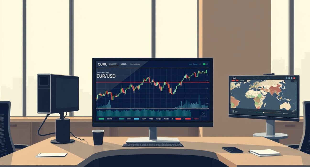 EUR/USD chart analysis on a trading desk during geopolitical tension.