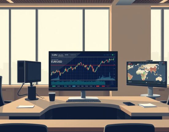 EUR/USD chart analysis on a trading desk during geopolitical tension.