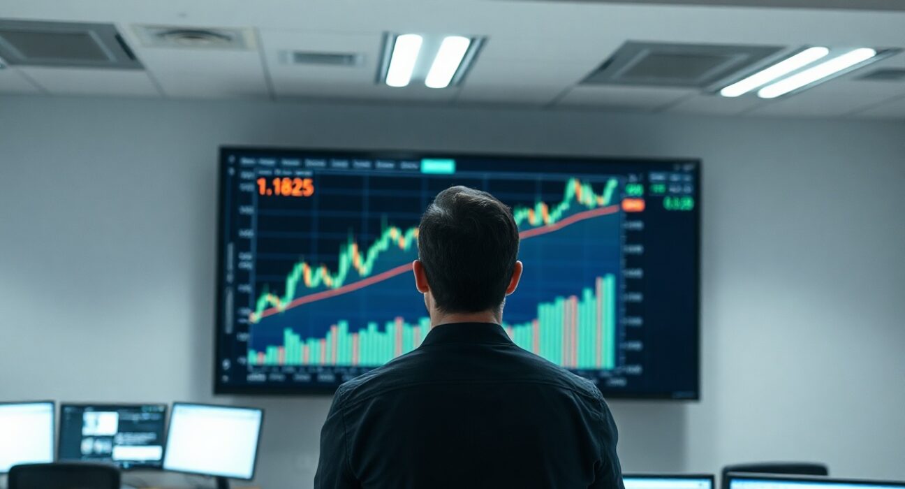 Financial analyst monitoring EUR/USD chart with upward trend toward 1.1825 level