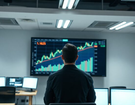 Financial analyst monitoring EUR/USD chart with upward trend toward 1.1825 level