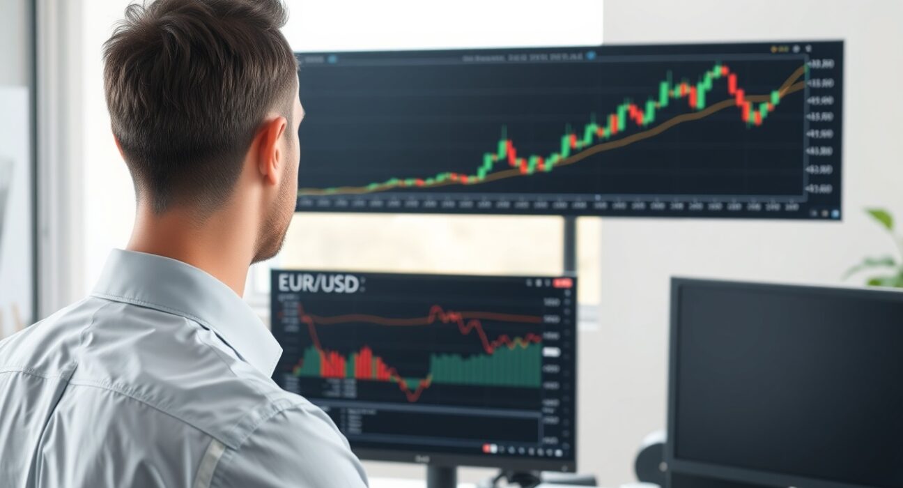 Analyst reviewing EUR/USD forecast and technical charts showing recovery trend.