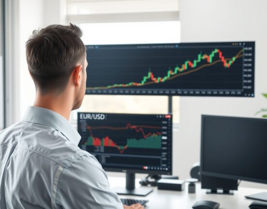 Analyst reviewing EUR/USD forecast and technical charts showing recovery trend.