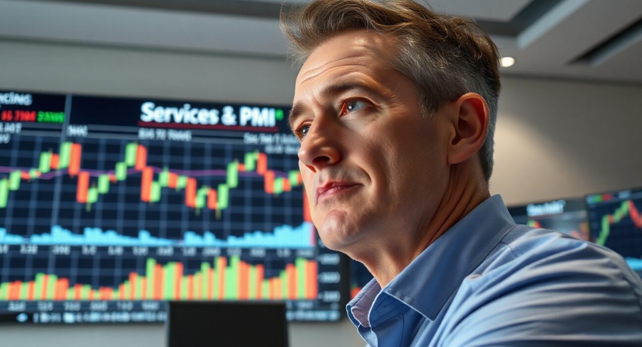 Financial analyst monitoring EUR/USD chart and Services PMI data on screen in trading office
