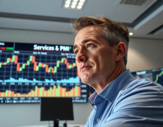 Financial analyst monitoring EUR/USD chart and Services PMI data on screen in trading office