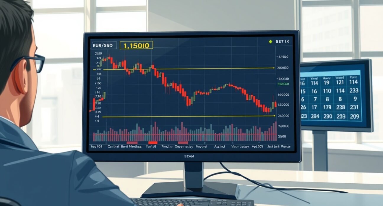 EUR/USD forex chart breaking below 1.1500 on a trading desk monitor ahead of central bank meetings.