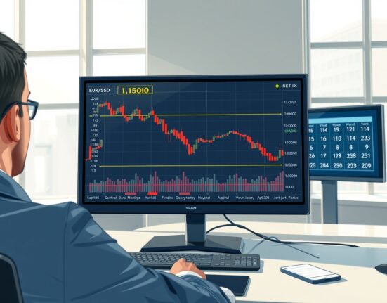EUR/USD forex chart breaking below 1.1500 on a trading desk monitor ahead of central bank meetings.