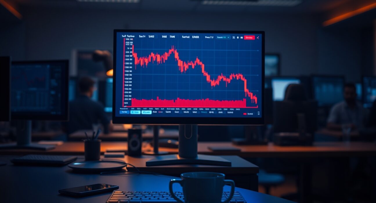 EUR/USD forex chart showing downward movement on a trading screen in a dimly lit office