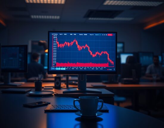EUR/USD forex chart showing downward movement on a trading screen in a dimly lit office