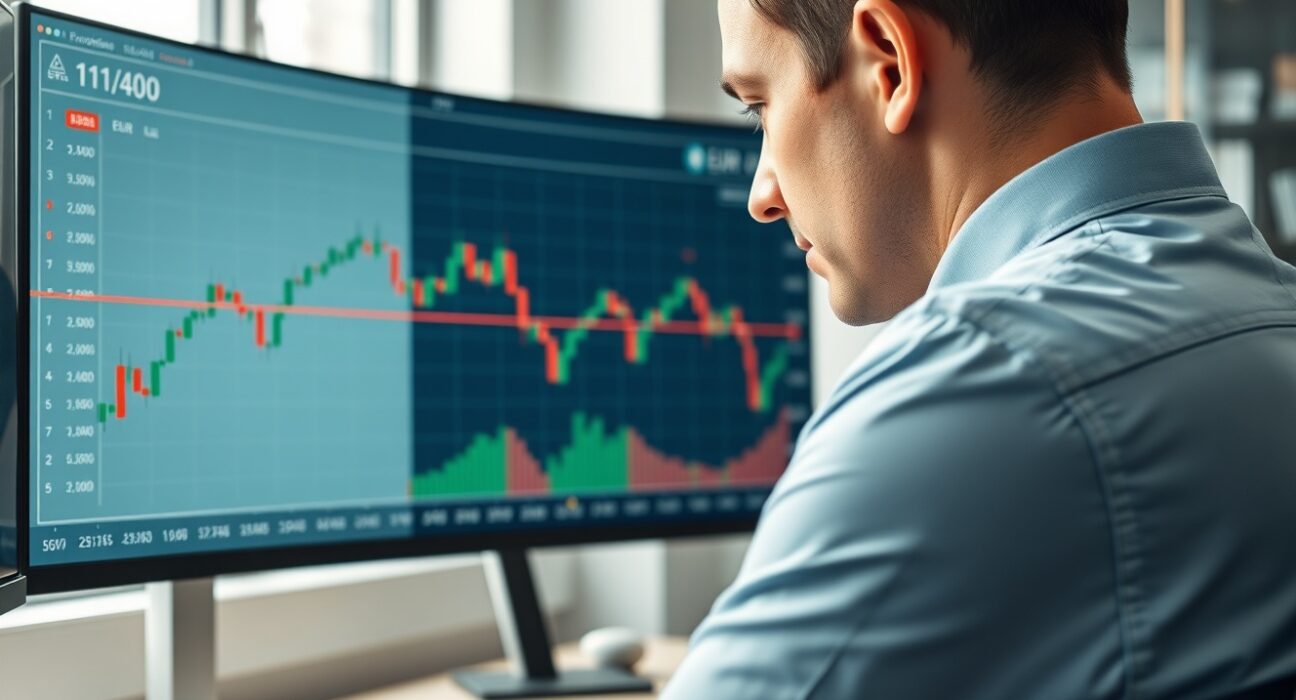 Financial analyst reviewing EUR/USD chart showing key 1.14 support level holding firm.
