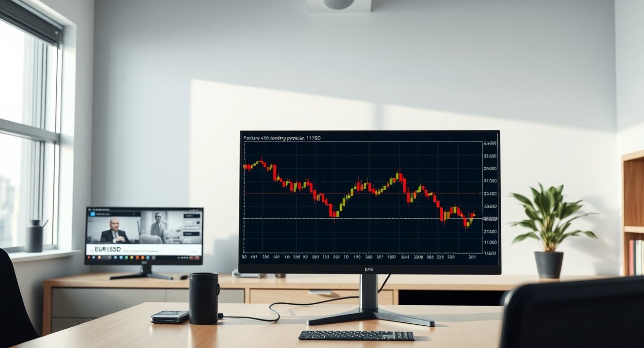 EUR/USD forex chart showing decline amid US-Iran ceasefire news on a trading desk monitor.