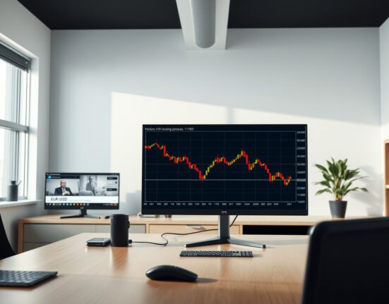 EUR/USD forex chart showing decline amid US-Iran ceasefire news on a trading desk monitor.