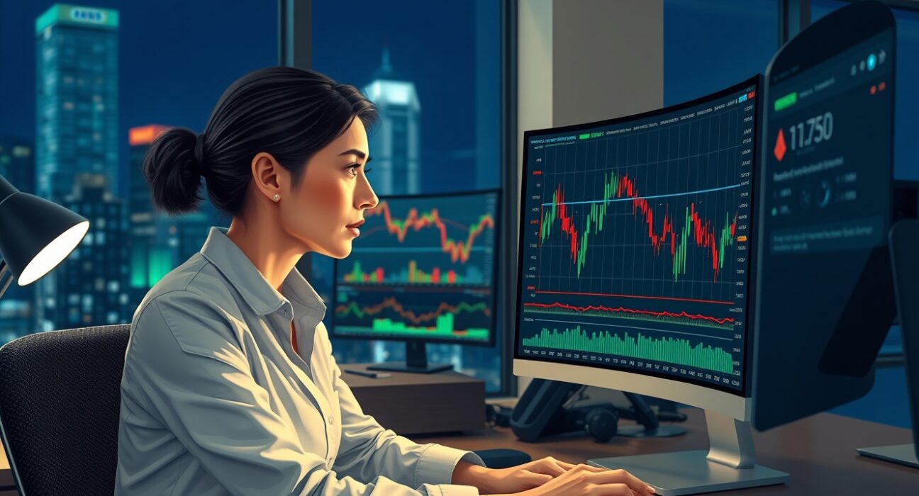 Forex trader analyzing EUR/USD chart amid geopolitical tension affecting currency markets.