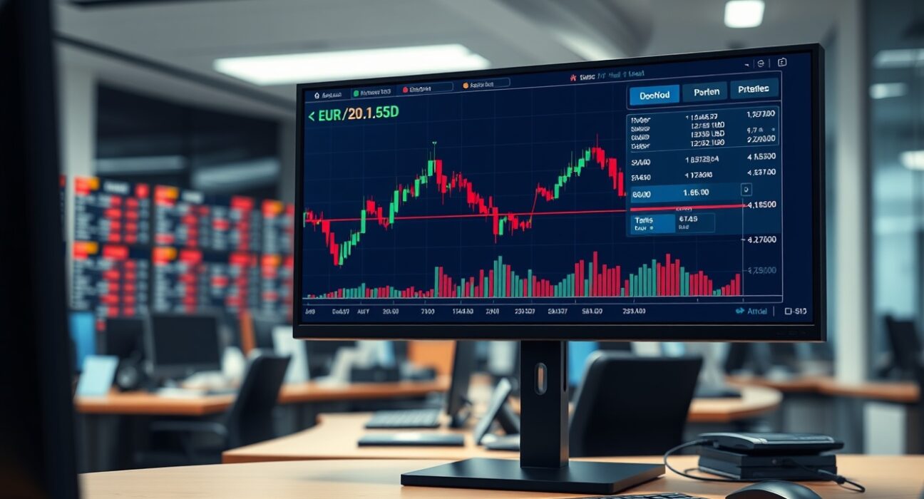 EUR/USD currency chart analysis showing price steady below 1.1550 on a professional trading desk.