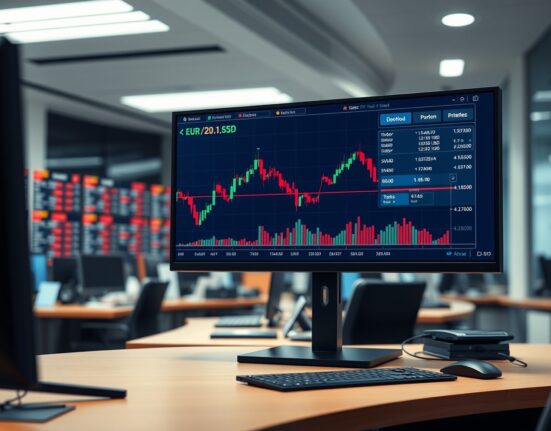 EUR/USD currency chart analysis showing price steady below 1.1550 on a professional trading desk.
