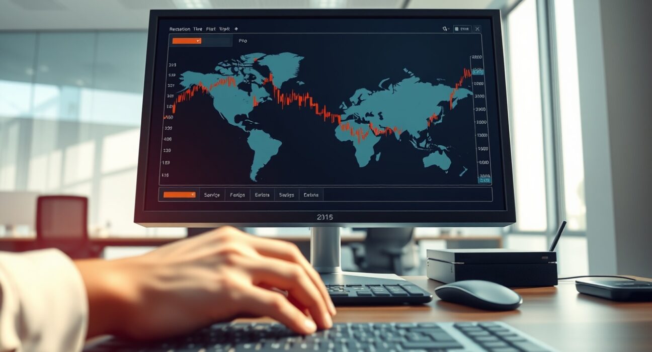 EUR/USD chart analysis on a trading desk monitor showing currency pair stability.